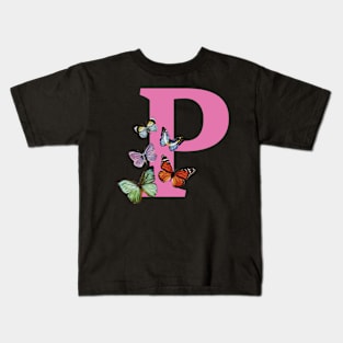 Letter pink P with colorful butterflies Kids T-Shirt